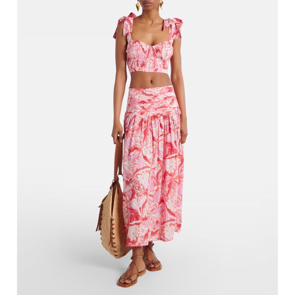 NWT Poupette St Barth Carla Pink Printed Skirt Set, Top S L and Midi Skirt Sz S